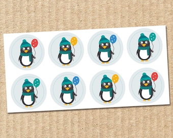 Penguin sticker round 4 cm – cute animal sticker with colorful balloons, children's sticker, school enrollment, birthday decoration