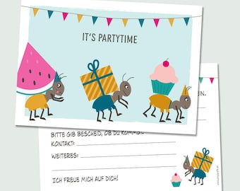 Ant-themed invitations for a forest-themed birthday party, set of 8 plus stickers