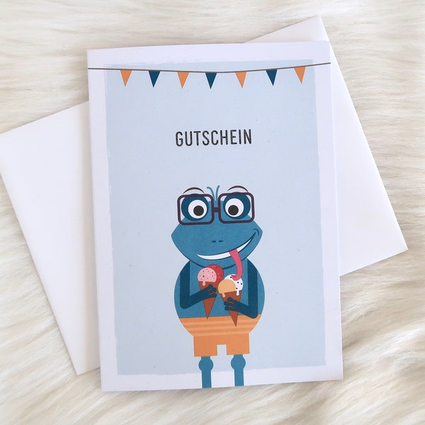 Eis Gutschein Frosch, Einladung zum Eis essen - Klappkarte mit Umschlag - DIY