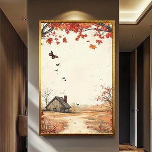 Rustikale Herbst Bauernhaus Wand Kunst, Vintage Herbst Landschaft Druck, Landhaus Dekor, Gemütliches Bauernhaus Poster, Thanksgiving Wandbehang