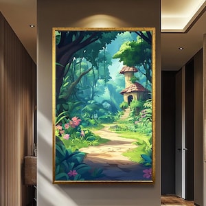 Arte de pared de casa de la jungla caprichoso en un lindo estilo de dibujos animados de Pixar, impresión en lienzo de camino de bosque encantado para la decoración de la habitación o guardería de los niños.