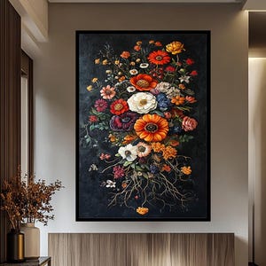 Colorful Wildflower Bouquet Canvas Wall Art Print – Rustic Botanical Wall Decor for Living Room or Bedroom – Vintage Floral Nature Painting