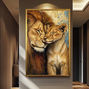 Lion And Lioness Canvas Wall Art – Romantic Wildlife Painting For Home Decor – Bold African Safari Animal Print In Warm Earth Tones