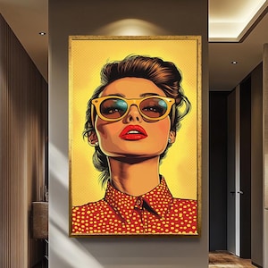 Pop Art Woman Canvas Print with Sunglasses, Retro Yellow Wall Art Featuring Red Lips and Polka Dots for Bold Modern Home Decor