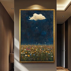 Impresión en lienzo de un campo de flores silvestres con cielo nocturno, pintura al óleo estilo encáustico, arte mural con paisaje floral de ensueño, póster decorativo con cielo azul oscuro para el hogar.