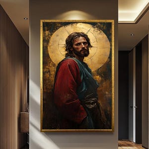 Jesus Christ Passion Portrait Canvas, Sacred Christian Art, Biblical Red Robe Painting, Religious Wall Decor Gold Halo Inspirational Artwork