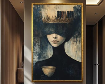 Dark Academia Queen Wall Art Queen of Literature Painting  Woman Canvas Print Gothic Painting Elegant Bookish Decor for Study or Library