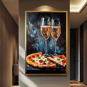 Elegant Champagne and Pepperoni Pizza Canvas Wall Art in Rich Impressionist Style for Modern Kitchen or Dining Room Décor