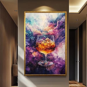 Surrealistyczny obraz na szkle alkoholowym z abstrakcyjnym kosmicznym tłem - Żywa sztuka ścienna do baru w technice mieszanej dla nowoczesnych miłośników koktajli