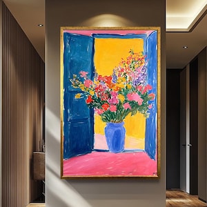 Colorful Floral Window View Wall Art, Henri Matisse Inspired Painting, Bold Flower Vase Canvas Print, Vibrant Fauvist Home Decor, Modern Art