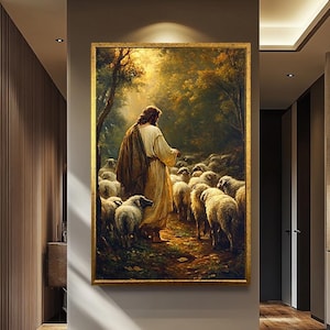Christian Wall Art Jesus With Sheep Canvas Print – Religious Pastoral Scene Home Decor – Faith Inspired Biblical Artwork For Living Room