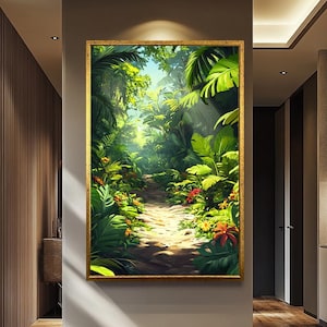 Arte de pared con un colorido sendero de jungla en un adorable estilo de dibujos animados de Pixar, impresión en lienzo de exuberante bosque tropical para la habitación de los niños o la decoración de la pared de la guardería.