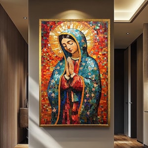 Colorful Virgin Mary Mosaic Wall Art | Mother Mary Religious Decor | Catholic Spiritual Artwork for Prayer Spaces | Virgin Mary Wall Decor