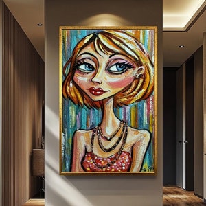 Arte de pared pop de mujer colorida - Retrato de dibujos animados abstractos - Decoración de pared moderna y caprichosa - Obra de arte femenina única / Arte de retrato abstracto