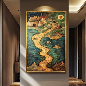 Surrealistische fantasiekaart canvas muurkunst – grillige geïllustreerde reis met bergen, oceanen en schepen voor avontuur geïnspireerde woondecoratie