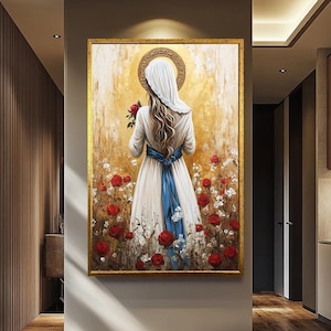 Virgin Mary Wall Art Canvas | Mother Mary with Roses | Religious Artwork | Spiritual Catholic Home Decor | Virgin Mary Wall Decor Framed