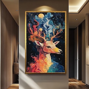 Deer canvas print Rustic wall art Deer painting print Farmhouse decor Deer Large canvas art Living room decor colorful deer wall art