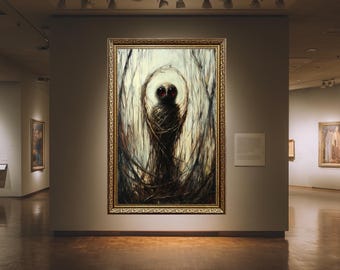 Dark forest creature canvas wall art with eerie red eyes, creepy surreal gothic horror print, spooky abstract creature home decor
