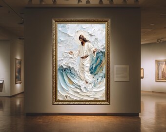 Jesus Walking on Water Canvas Art: Textured Christian Wall Decor