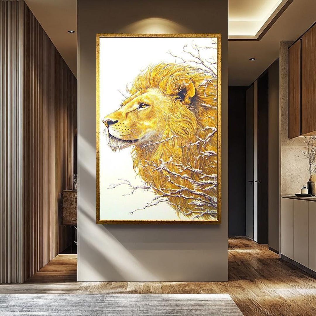 Golden Lion Wall Art - Canvas With Detailed Wildlife Illustration ...