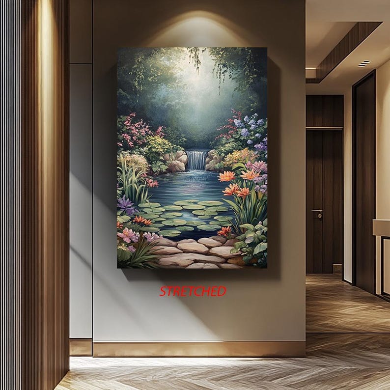 Serene Waterfall Canvas Print Peaceful Garden Pond with Lily Pads and Flowers Tranquil Nature Landscape Wall Art Calming Home Decor image 4