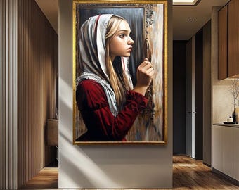 中世の女性のキャンバス画 - 大胆な女性の肖像画、ヴィンテージの赤い