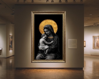 Virgin Mary and Baby Jesus Canvas Print: Black and Gold Religious Art