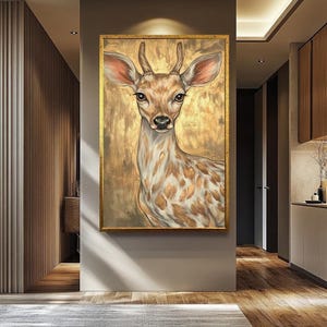 Golden Deer Portrait: Modern Animal Canvas Wall Art
