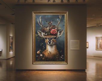 Woodland Deer Canvas Wall Art with Baby Fawns and Flowers Rustic Animal Nature Inspired Wildlife Print for Home Cabin Decor