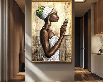 Arte mural con estampados de mujeres africanas, decoración de pared con mujeres africanas, lienzo de mujer negra, obra de arte de mujer negra serena, decoración moderna para el hogar