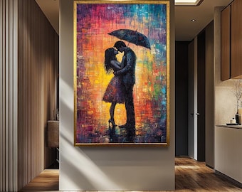 Doek romantisch stel onder paraplu, kleurrijk impressionistisch schilderij, moderne liefde kunst aan de muur, levendige abstracte interieurposter