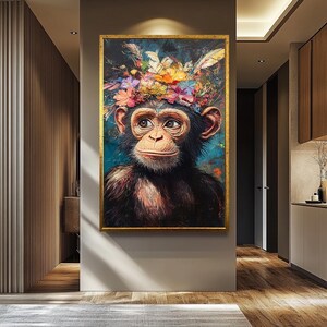 Monkey Portrait Canvas Wall Art  Surreal Baby Chimpanzee with Colorful Floral Crown for Boho Nursery or Eclectic Animal Decor