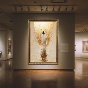 Jesus geht auf Wasser Leinwand Wandkunst mit Vögeln und goldenem Licht, christliche Malerei im strukturierten Palettenmesser-Stil für Glaubens-Dekor