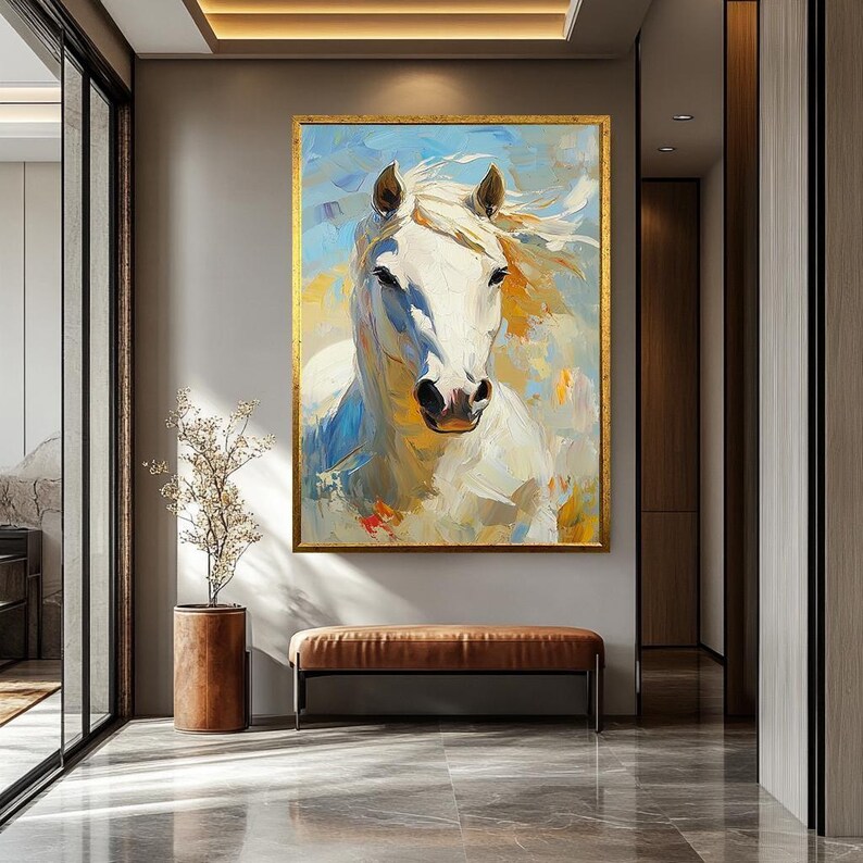 White Horse Oil Painting on Canvas - Elegant Animal Portrait Art for ...