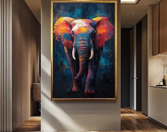 Lienzo de elefante colorido para pared - Pintura abstracta de vida silvestre / Arte mural de elefante majestuoso / Lienzo abstracto colorido / Decoración de pared de animales