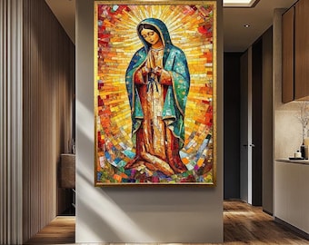 Virgin Mary Mosaic Wall Art | Religious Catholic Canvas Painting | Guadalupe Stained Glass Style Wall Decor | Mother Mary Wall Art