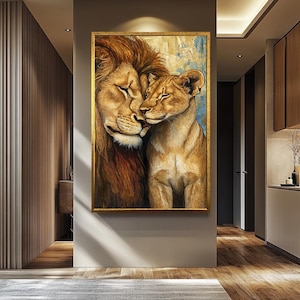 Toile d&#39;art lion et lionne : impression animalière romantique