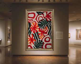 Tropical Leaf Wall Art Canvas Print with Red and Orange Abstract Botanical Design for Modern Living Room or Bedroom Home Decor
