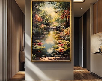 Tranquil Garden Canvas Print Serene Lily Pond with Waterfall Nature Landscape Wall Art Colorful Floral Reflection Home Decor Scene