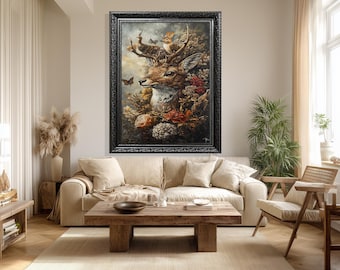 Vintage Deer Canvas Wall Art – Woodland Animal Print with Birds Rabbits Butterflies and Flowers for Rustic Home or Nature Inspired Decor