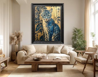 Blue Toned Leopard Canvas Wall Art Print with Botanical Background for Modern Wildlife Jungle Animal Nature Inspired Home Decor