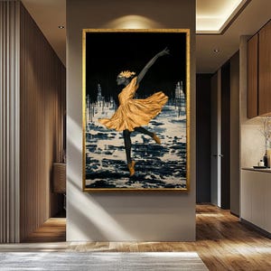 Golden Ballerina Art Print: Elegant Abstract Dance Canvas