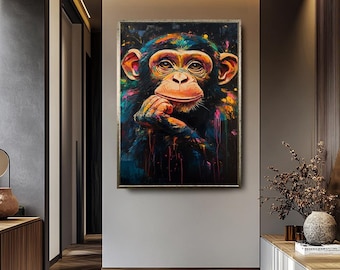 鮮やかなチンパンジーのキャンバスウォールアートプリント、カラフルな