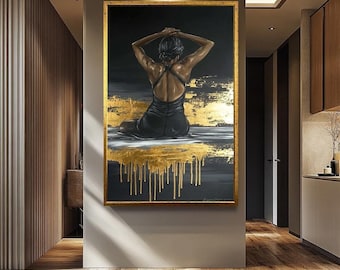 Elegant Black Woman Wall Art, Gold Leaf Textured Painting, Modern Female Figure Canvas | Women Wall Art | African Wall Art | Women Art