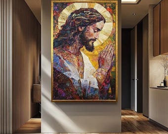 ヴィンテージ風額入りイエス・キリスト肖像画 キリスト教の宗教的