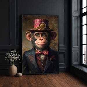 May include: A framed wall art print featuring a portrait of a chimpanzee wearing a magenta top hat with a gold emblem, a dark blue suit jacket, a red patterned vest, and a matching red bow tie. The chimpanzee has a calm expression.
