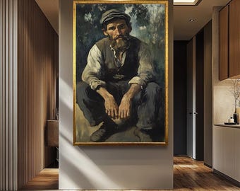 Dipinto ad olio raffigurante un uomo rustico in stile Paul Cézanne - Arte figurativa vintage con toni terrosi - Decorazione da parete su tela realista per collezionisti