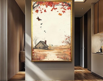 Rustic Autumn Farmhouse Wall Art, Vintage Fall Landscape Print, Country Cottage Decor, Cozy Farmhouse Poster, Thanksgiving Wall Hanging