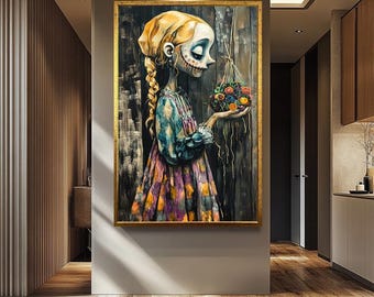 ゴシック女性のキャンバスプリント、ダークファンタジー女性のウォールアート、不気味でかわいい肖像画、シュールで不気味なアートワーク、ハロウィーンの装飾プリント