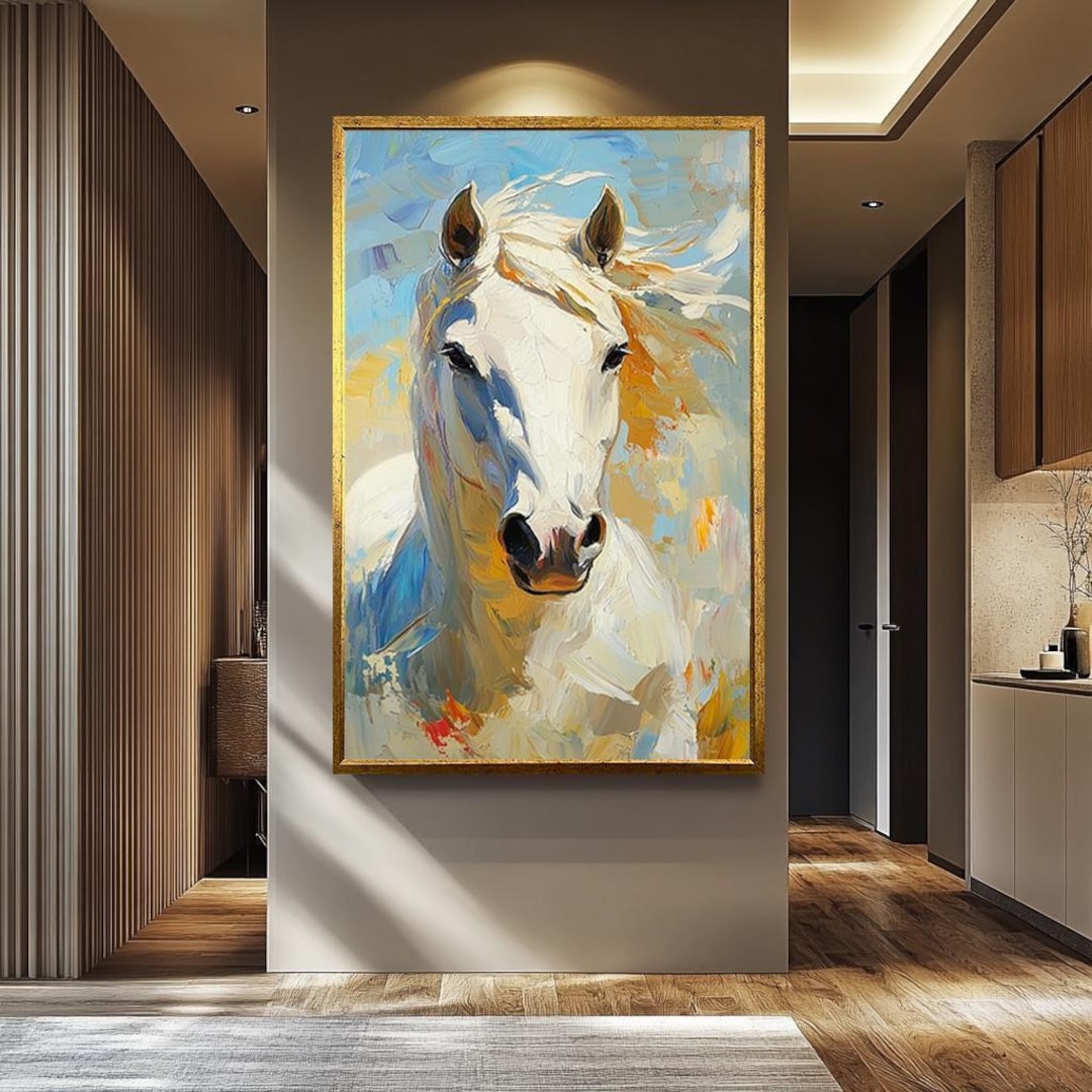 White Horse Oil Painting on Canvas - Elegant Animal Portrait Art for ...